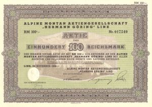 Alpine Montan Aktiengesellschaft Hermann Goring Linz - Stock Certificate