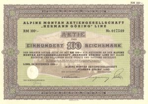 Alpine Montan Aktiengesellschaft "Hermann Goring" Linz - Stock Certificate