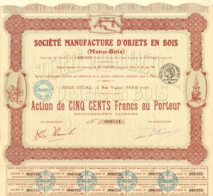 Societe Manufacture D'Objets En Bois - Stock Certificate