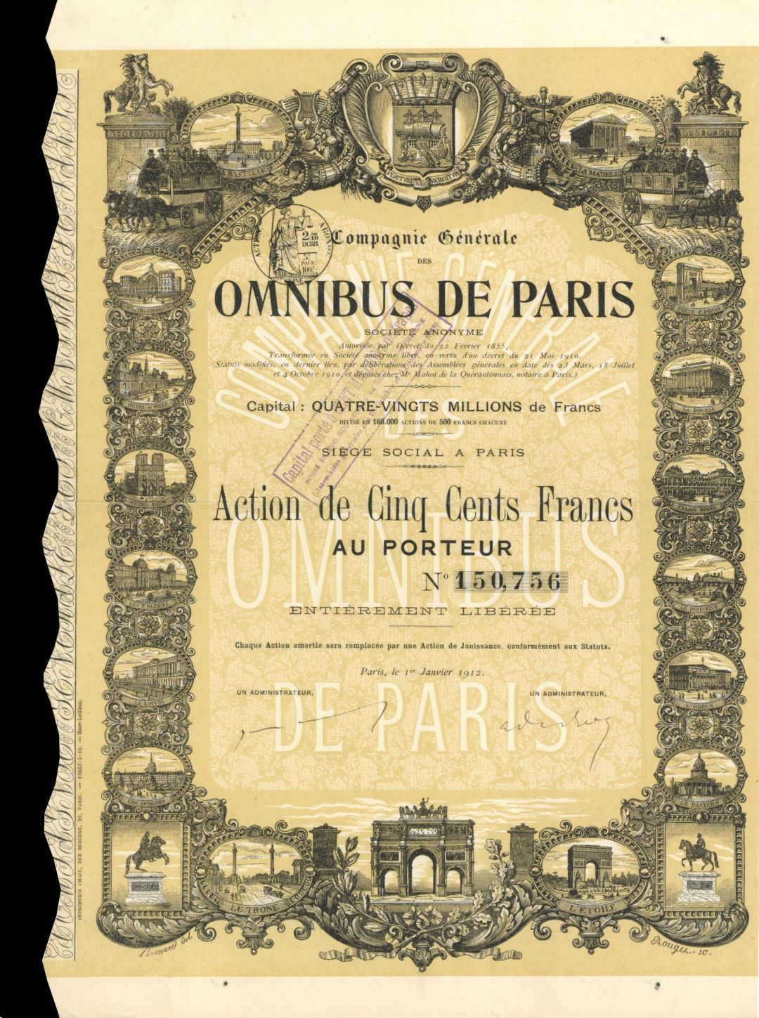 Omnibus de Paris - Stock Certificate