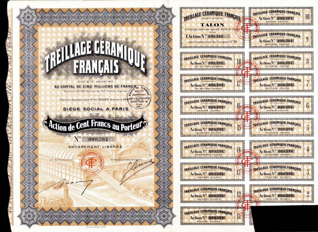 Treillage Ceramique Francais - Stock Certificate