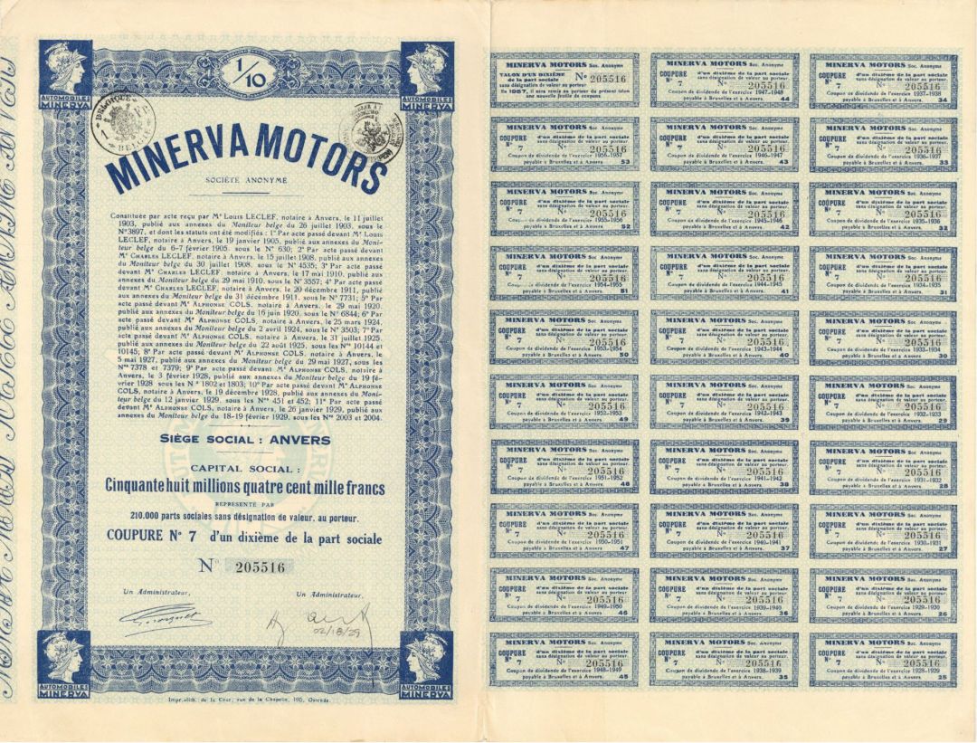 Minerva Motors - 1929 dated Stock Certificate