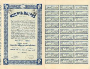 Minerva Motors - 1929 dated Stock Certificate