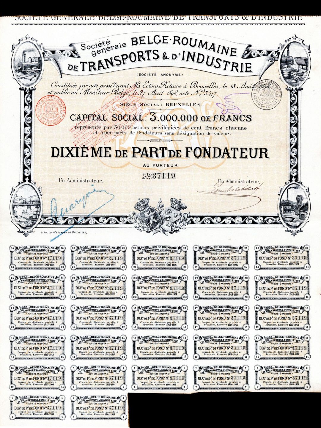 Belge-Roumaine de Transports and D'Industrie - Stock Certificate