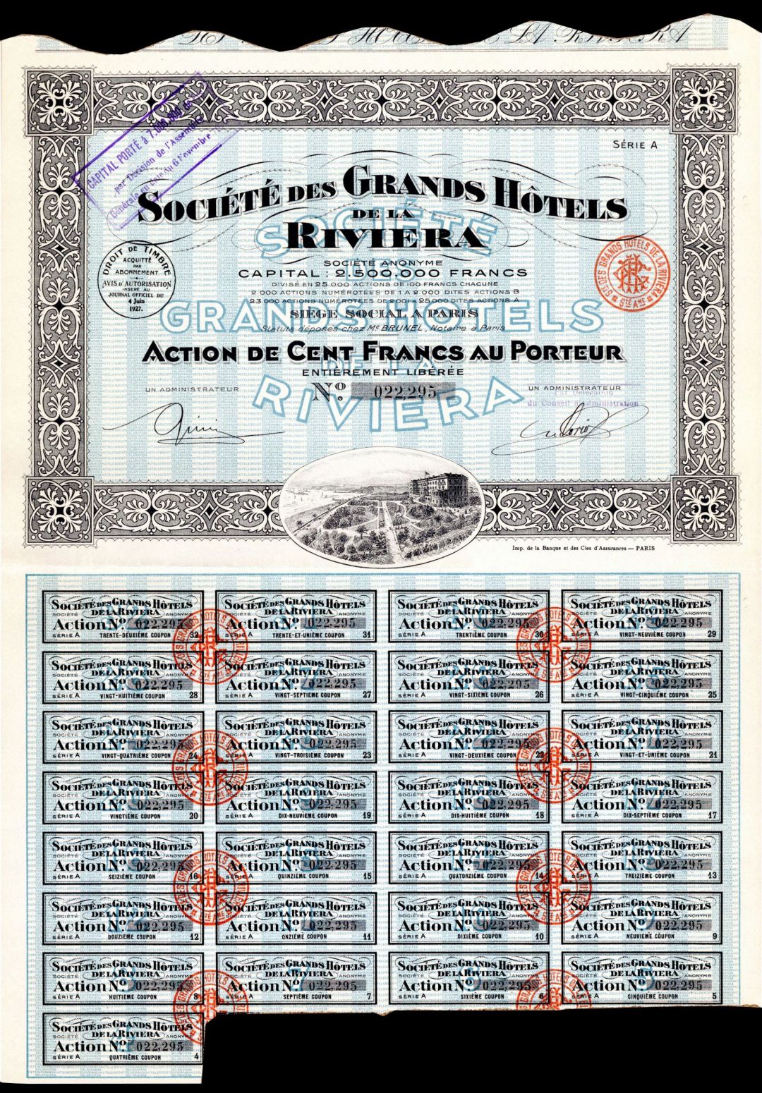 Societe Des Grands Hotels De La Riviera - Stock Certificate