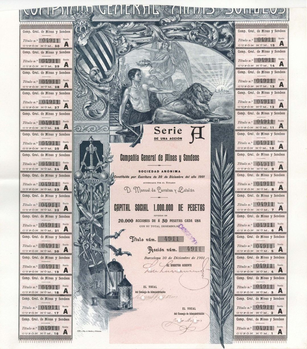 Compania General de Minas Y Sondeos - 1901 dated Stock Certificate