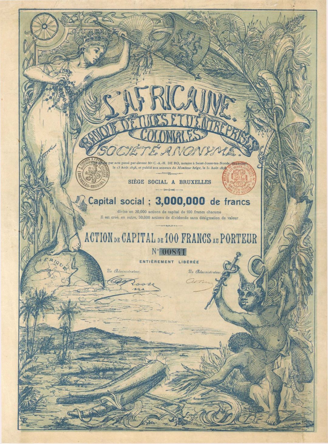 L'Africaine Banque D'Etudes et D'Entreprises Coloniales - 1898 dated Foreign Stock Certificate