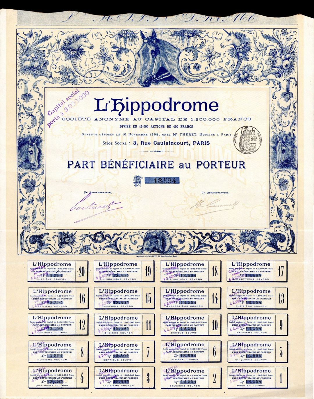 L'Hippodrome - Stock Certificate