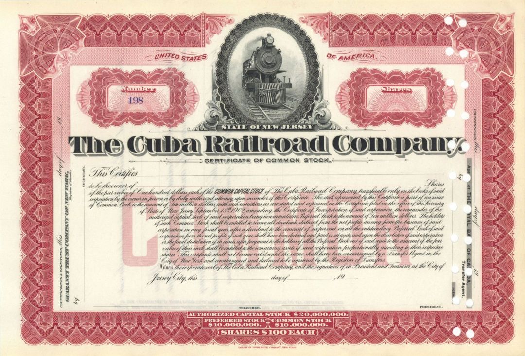 Cuba Railroad Co. - Unissued Stock Certificate - Rare Red Variety