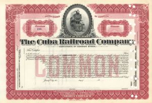 Cuba Railroad Co. - Unissued Stock Certificate - Rare Red Variety