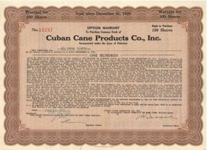 Cuban Cane Products Co., Inc. - 1932 dated Cuba Stock Certificate