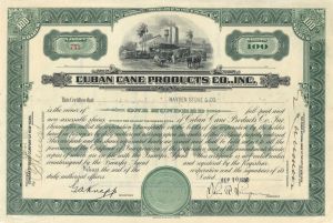 Cuban Cane Products Co. - 1930 dated Cuba Stock Certificate