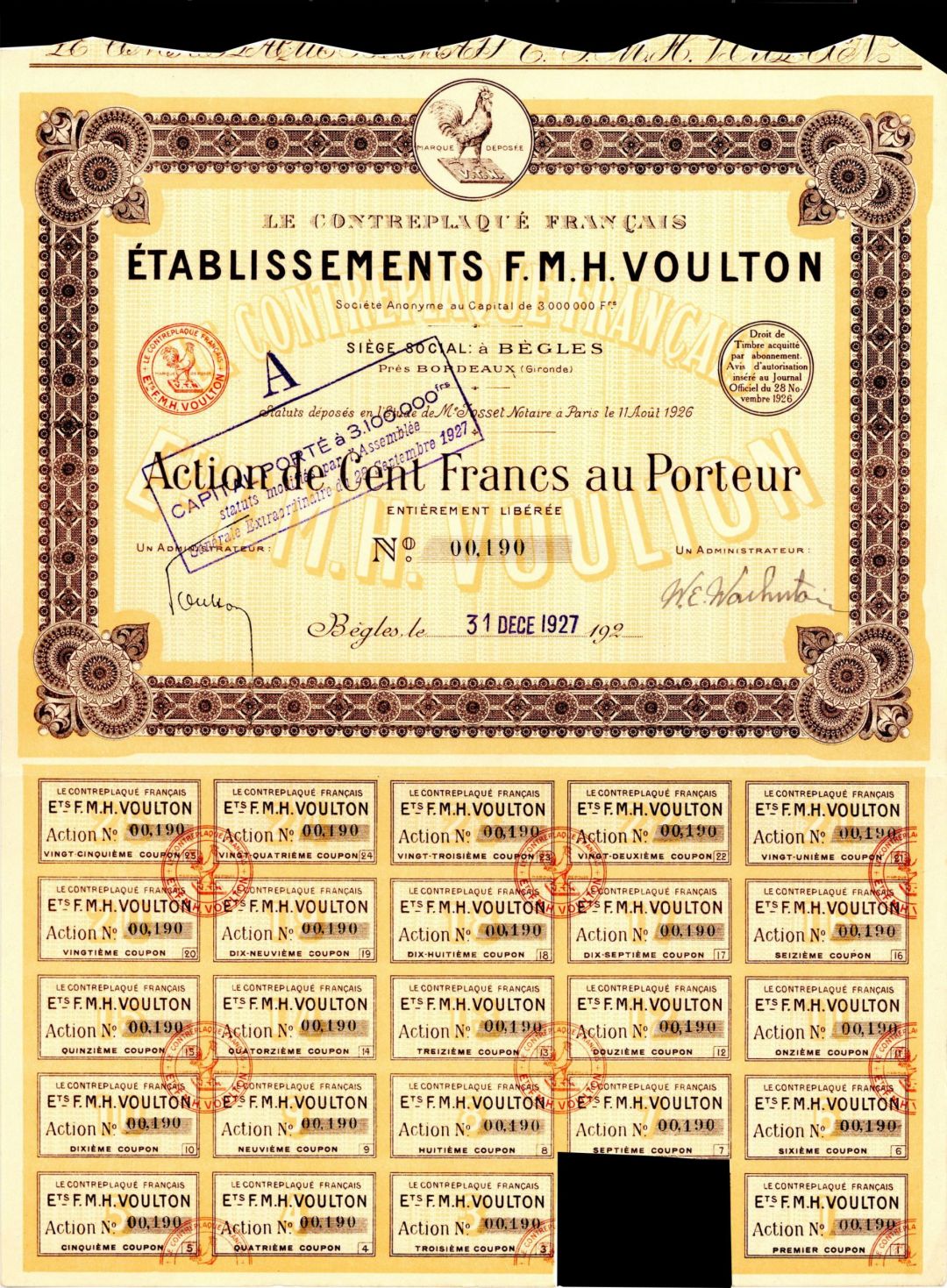 Etablissements F. M. H. Voulton - Stock Certificate