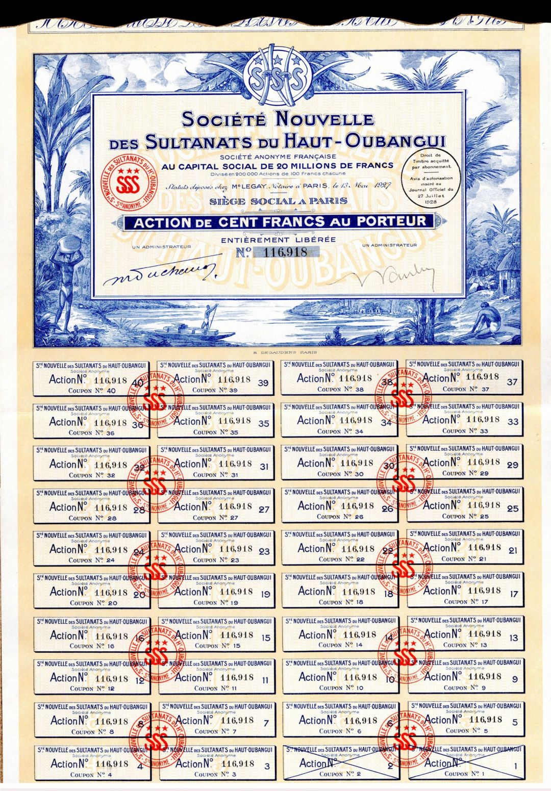 Societe Nouvelle Des Sultanats Du Haut-Oubangui - Stock Certificate