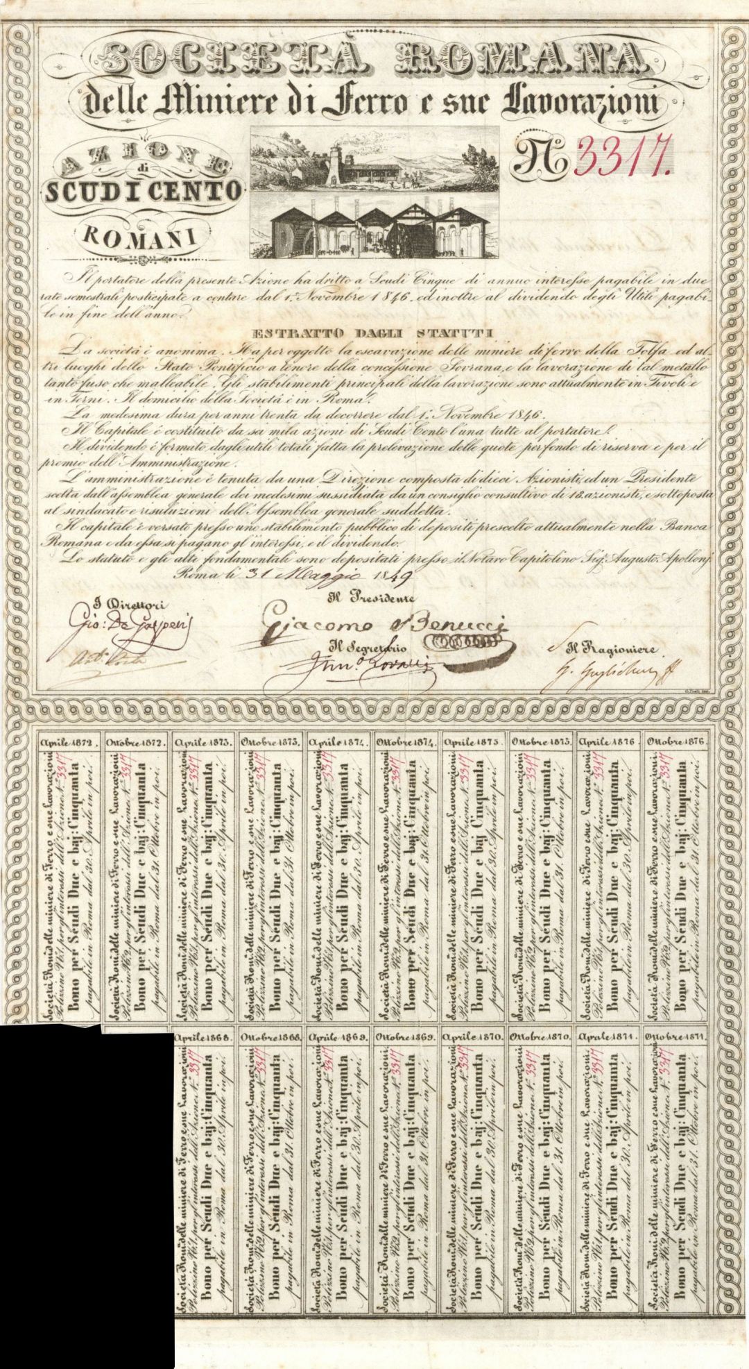 Societa Romana Delle Miniere di Ferro E Sue Favorazioni - Stock Certificate