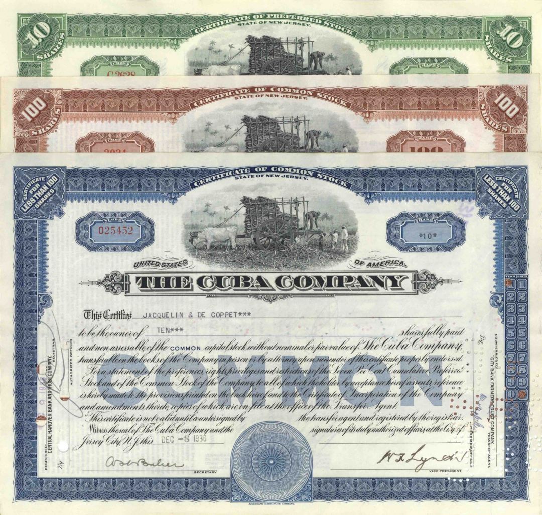 Set of Three Cuba Co. dated 1900's-40's Stock Certificates - Railroad, Sugar & other Subsidiaries - 3 Stock Certificate Group