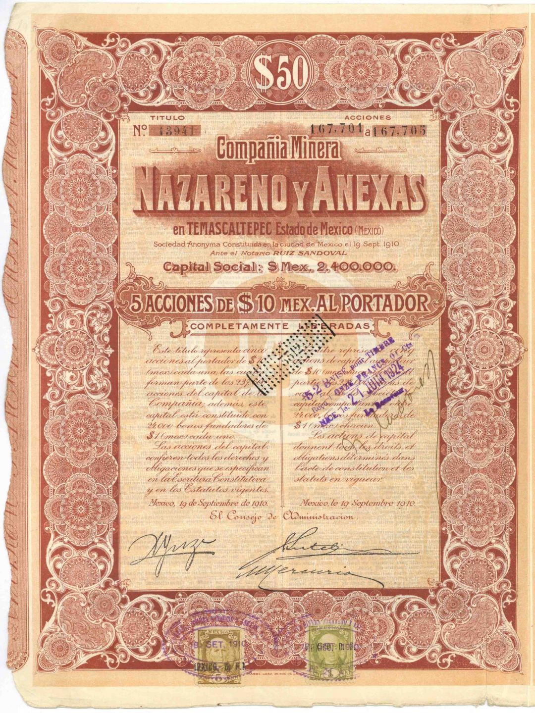 Compania Minera Nazareno Y Anexas En Temascaltepec Estado De Mexico - 5 Share Mexican Stock Certificate