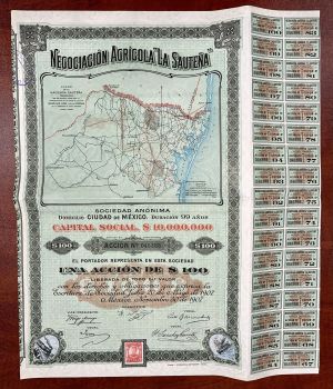 Negociacion Agricola "La Sautena" - 1907 dated Mexican Stock Certificate