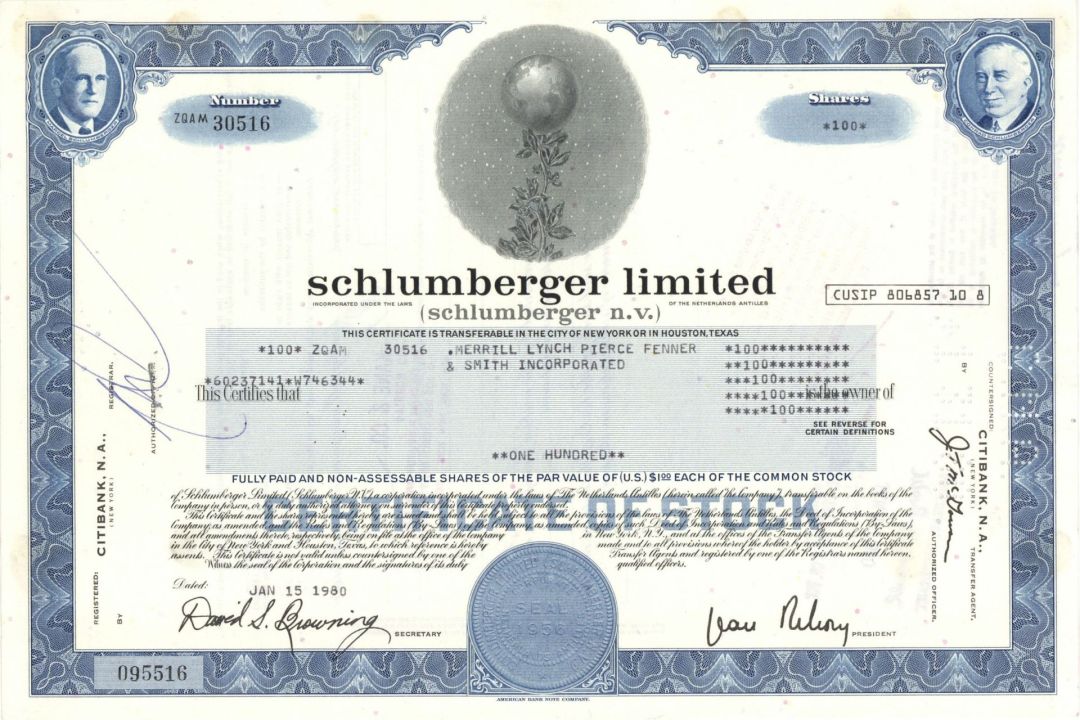 Schlumberger Limited - 1980 dated Stock Certificate