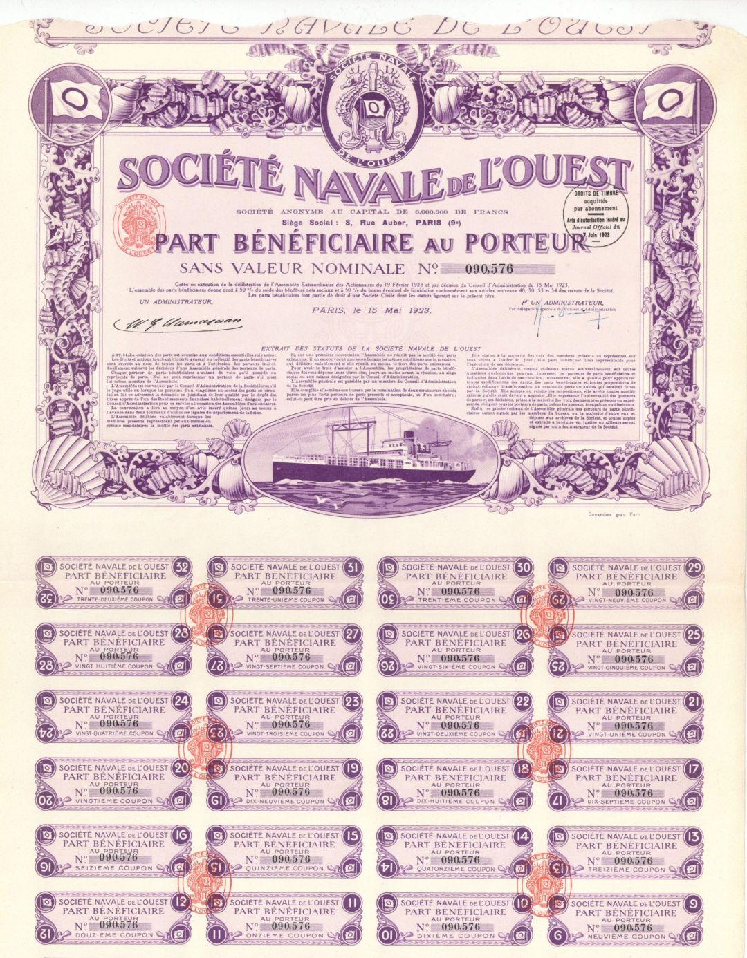 Societe Navale De L'ouest - 1923 dated Stock Certificate