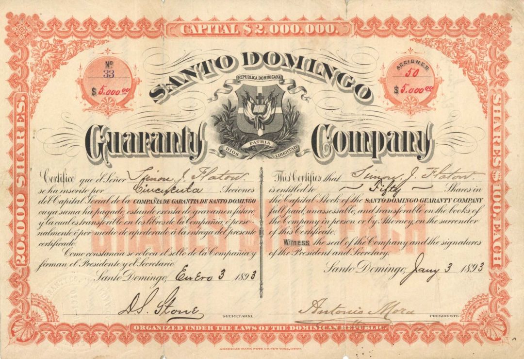 Santo Domingo Guaranty Co. - 1893 dated Stock Certificate