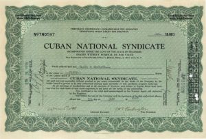 Cuban National Syndicate - 1928 dated Cuba Stock Certificate