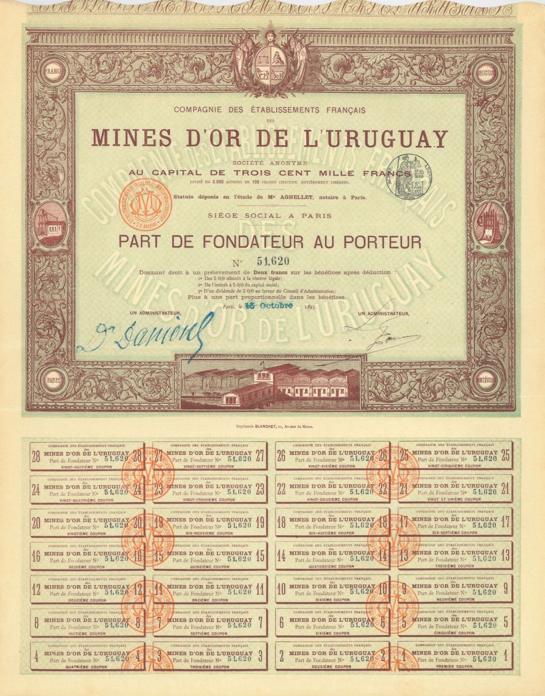Compagnie Des Etablissements Francais Mines D'or De L'Uruguay - 1895 dated Stock Certificate