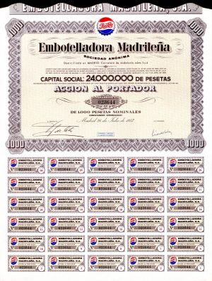 Embotelladora Madrilena Sociedad Anonima - Pepsi-Cola Bottle Cap Vignette - 1957 dated Stock Certificate