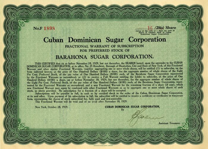 Cuban Dominican Sugar Corporation - October 28, 1929 dated Cuba Stock Certificate