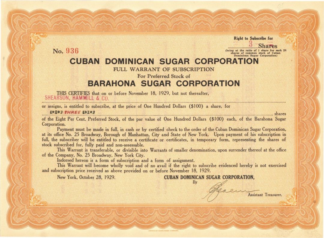 Cuban Dominican Sugar Corporation - Stock Certificate