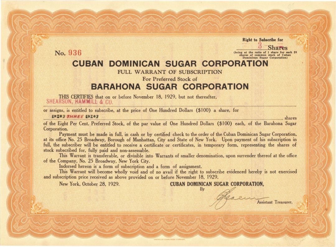 Cuban Dominican Sugar Corporation - October 28, 1929 dated Cuba tock Certificate