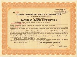 Cuban Dominican Sugar Corporation - October 28, 1929 dated Cuba tock Certificate