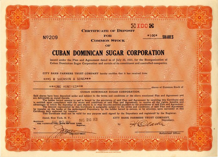 Cuban Dominican Sugar Corporation - 1931 dated Cuba Stock Certificate