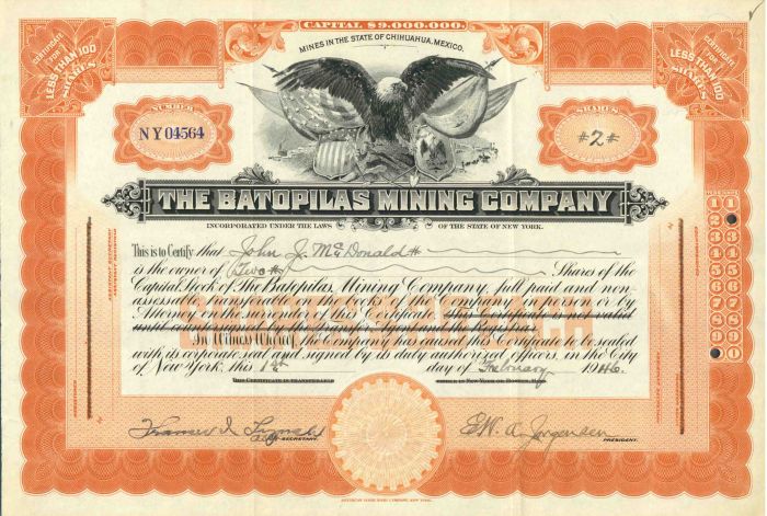 Batopilas Mining Co. - Stock Certificate