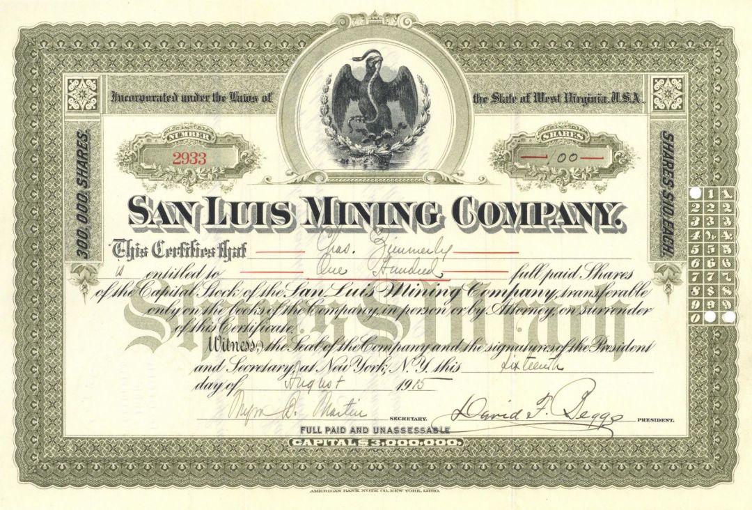 San Luis Mining Co. - San Dimas Mining District of Mexico - 1900's dated Mexican Stock Certificate