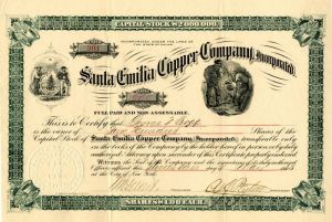 Santa Emilia Copper Co., Incorporated - Stock Certificate