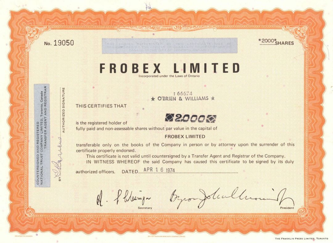 Frobex Limited - Stock Certificate