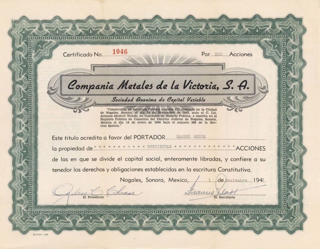 Compania Metales de la Victoria, S.A. - 1943-1948 dated Stock Certificate