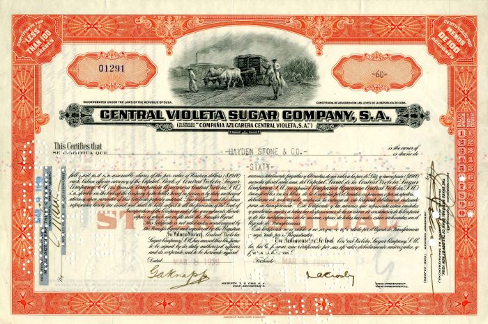 Central Violeta Sugar Co., S.A. - Cuba Stock Certificate