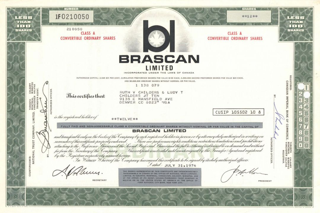 Brascan Limited - Stock Certificate