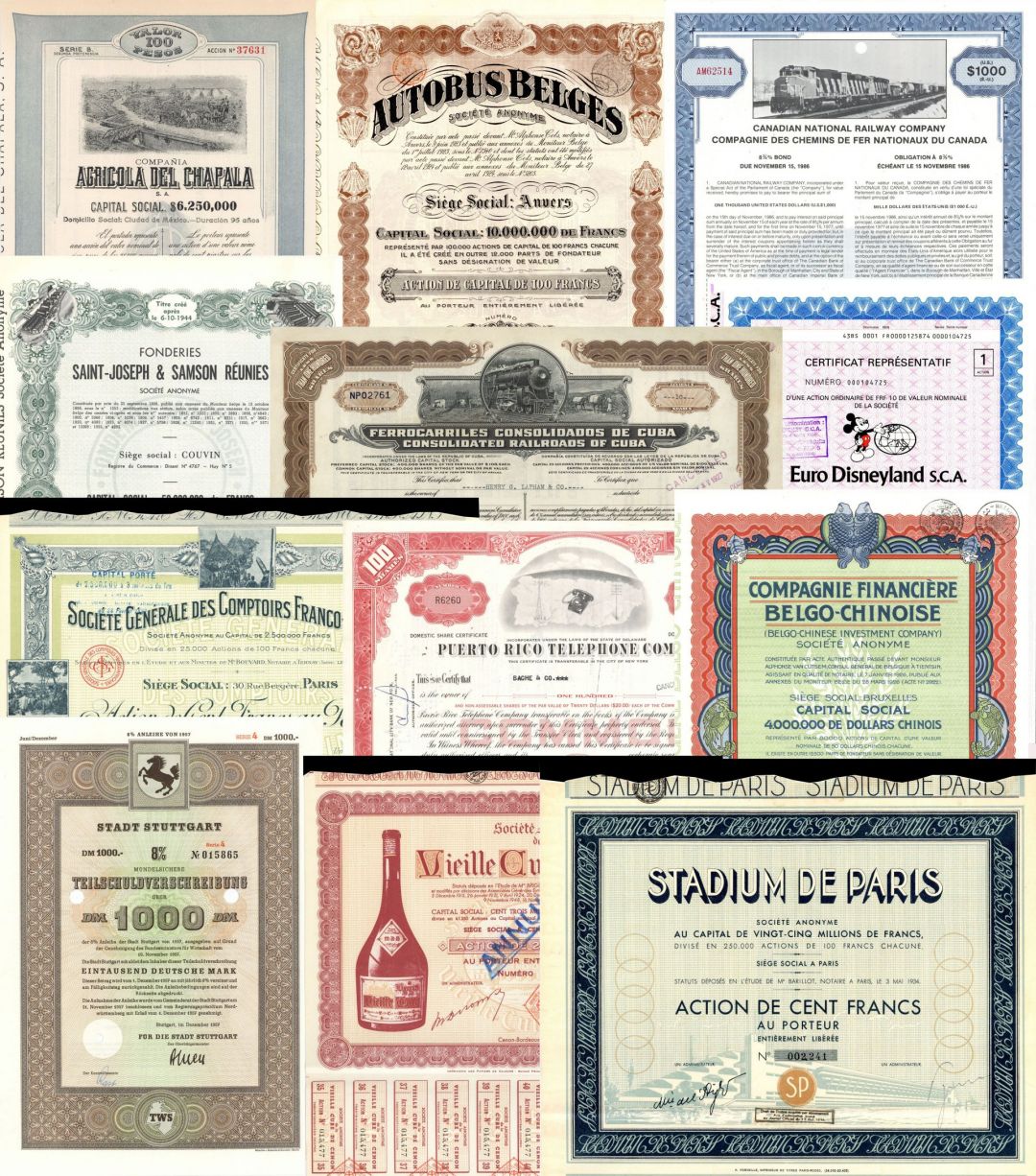 Collection of 12 Foreign Stocks & Bonds - Dated from 1911 to 1983 - All Different from 7 Different Countries