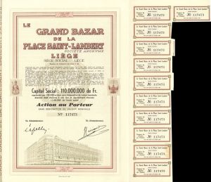 Grand Bazar de la Place Saint-Lambert Liege - 1944 dated Foreign Stock Certificate