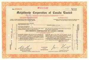 Molybdenite Corporation of Canada Limited - 1960's-70's dated Canadian Mining Stock Certificate