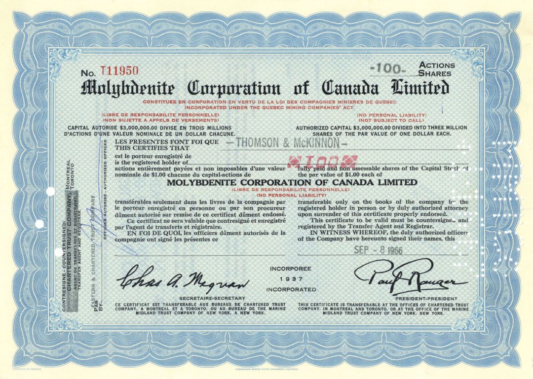 Molybdenite Corporation of Canada Limited - 1960's-70's dated Canadian Mining Stock Certificate