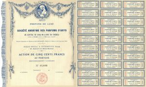 Societe Anonyme Des Parfums D'Arys - Parisian Perfume Company - 1918 dated French Unissued Stock Certificate
