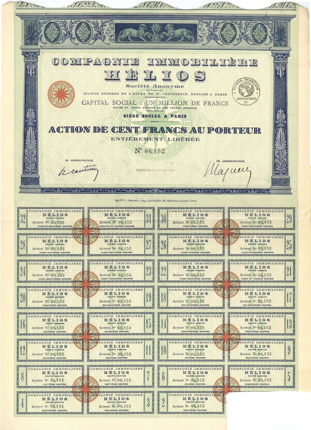 Compagnie Immobiliere Helios - Stock Certificate