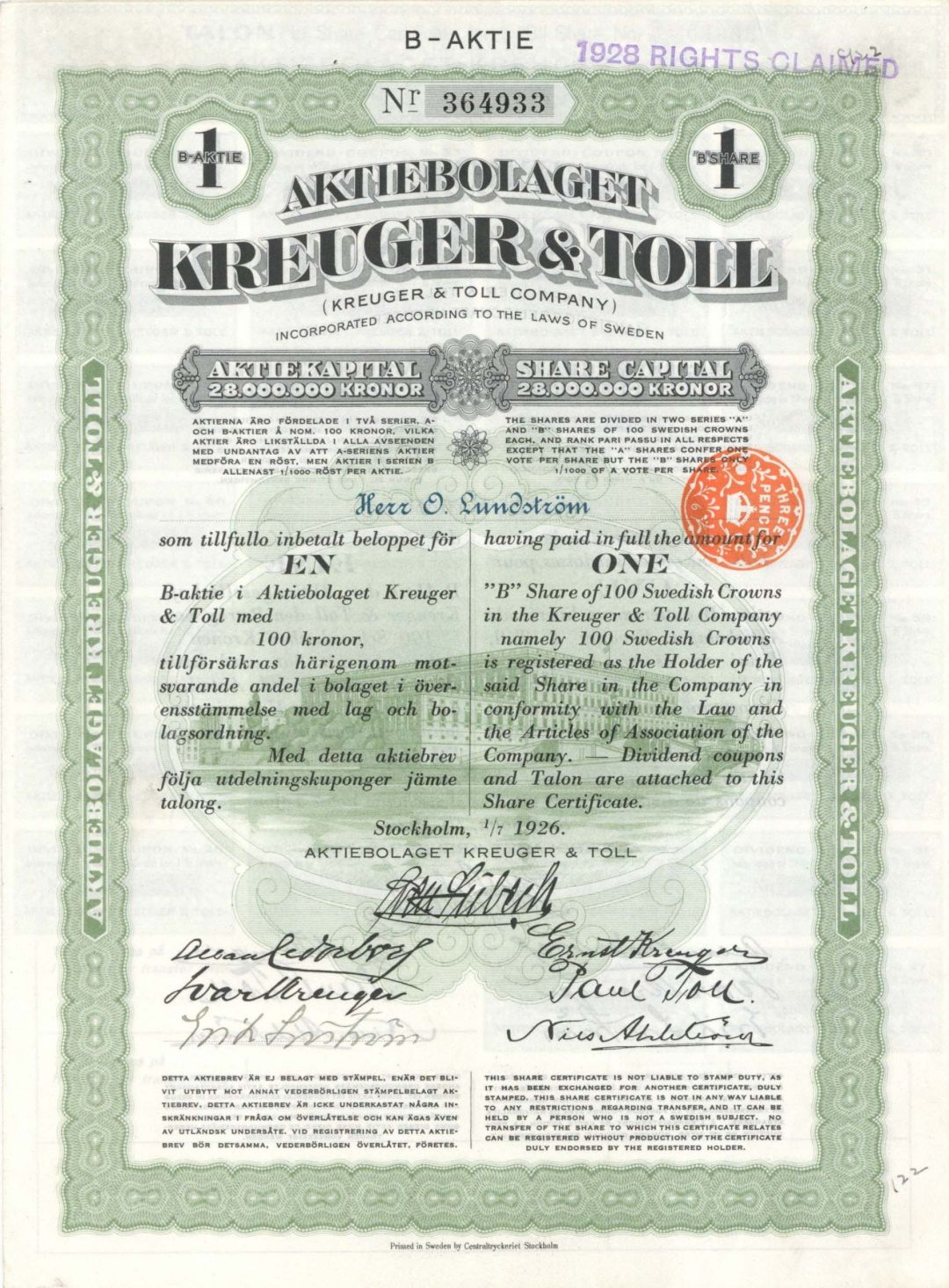 Aktiebolaget Kreuger and Toll - 1926-1929 dated Swedish Stock Certificate - Sweden