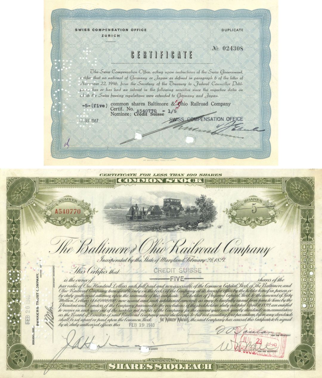1947 dated Swiss Compensation Office Certificate with Baltimore and Ohio Railroad Stock - Certificate relating to Swiss Freezing Regulations to German and Japanese Nationals