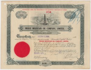 Moose Mountain Oil Co., Limited - 1914 dated Calgary, Alberta Canadian Oil Stock Certificate