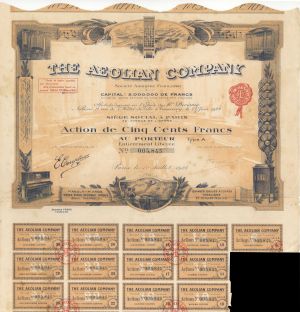 Aeolian Co. - 1924 dated French Stock Certificate - Manufacturer of Musical Instruments